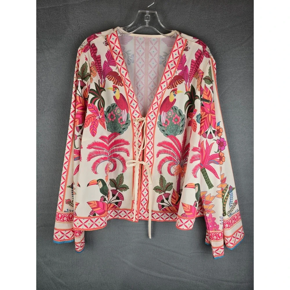 Women's Cardigan Blouse 2XL Cream Tropical Toucan Tie Front Boho Relaxed Fit